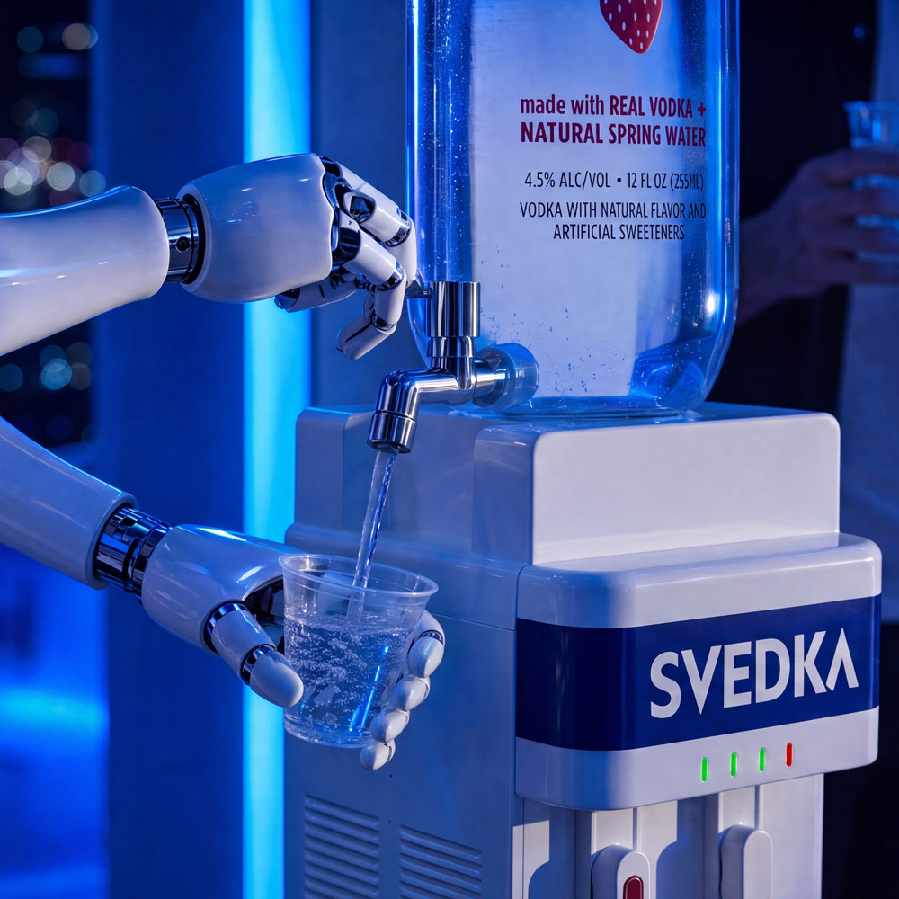 Close-up of the SVEDKA Water Cooler side tap pouring a chilled cup of SVEDKA Vodka Water